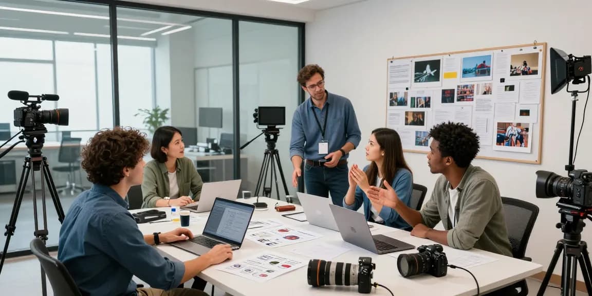 Best corporate video production company Singapore team collaborating in vibrant studio atmosphere