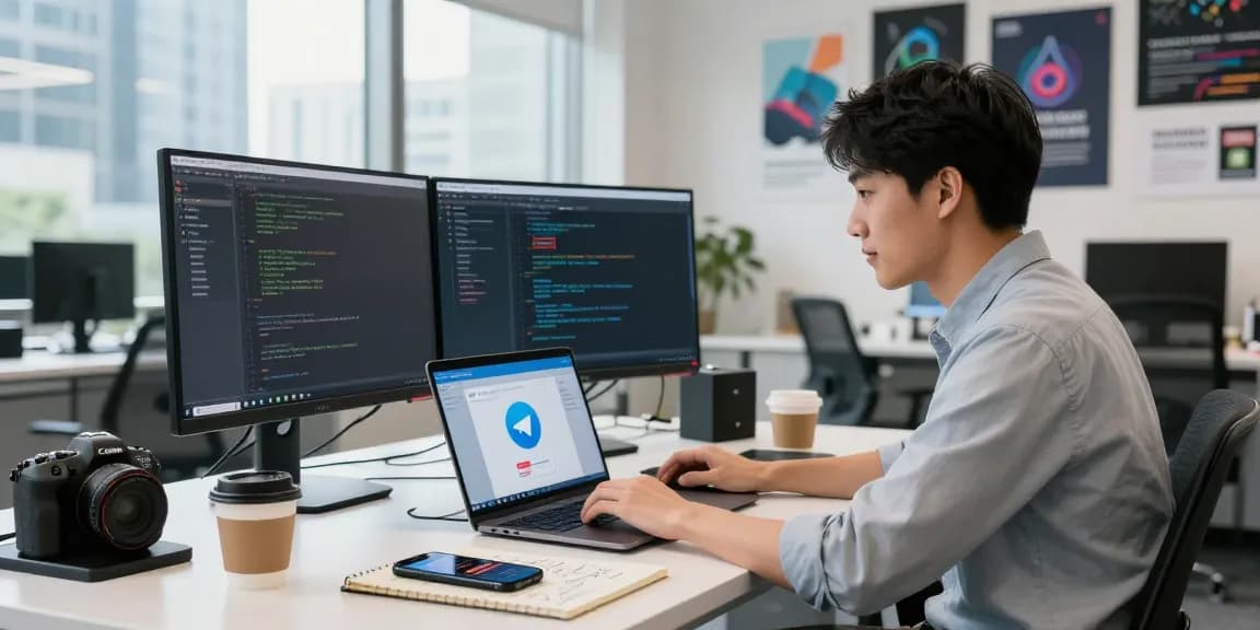 Young developer in an urban office workspace focused on telegram china download apk free on dual monitors with innovative tech gadgets.