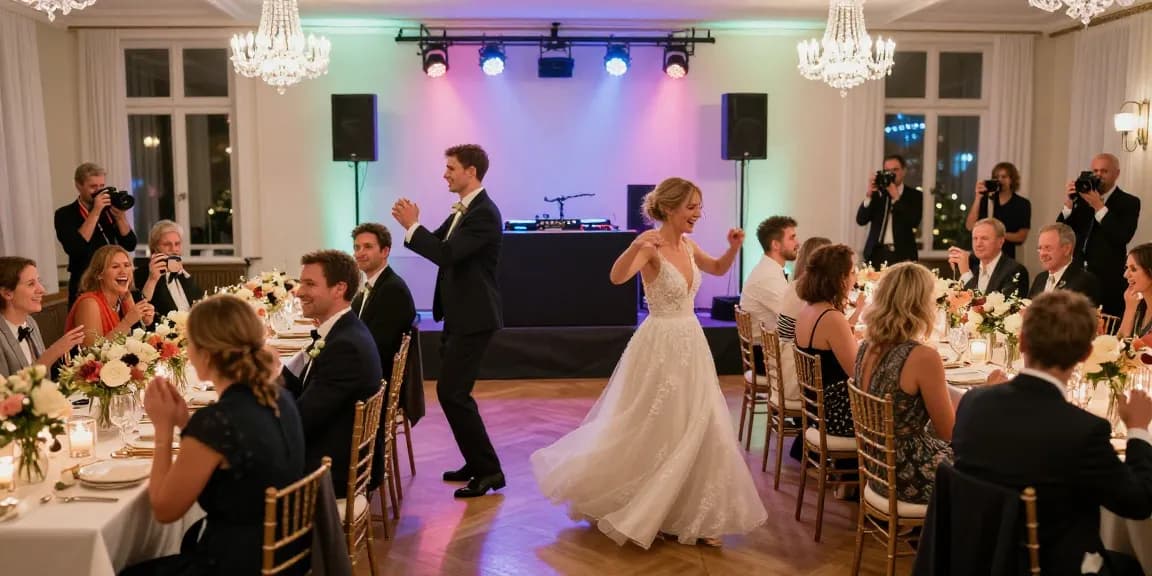 DJ für Hochzeit Berlin: Feiernde Gäste auf romantischer Hochzeitsfeier in elegantem Berliner Veranstaltungsort.