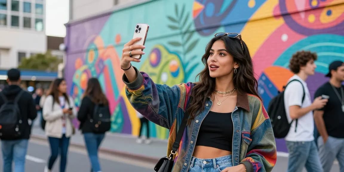 Young woman excitedly discovering which celebrities she looks like in a vibrant urban setting.