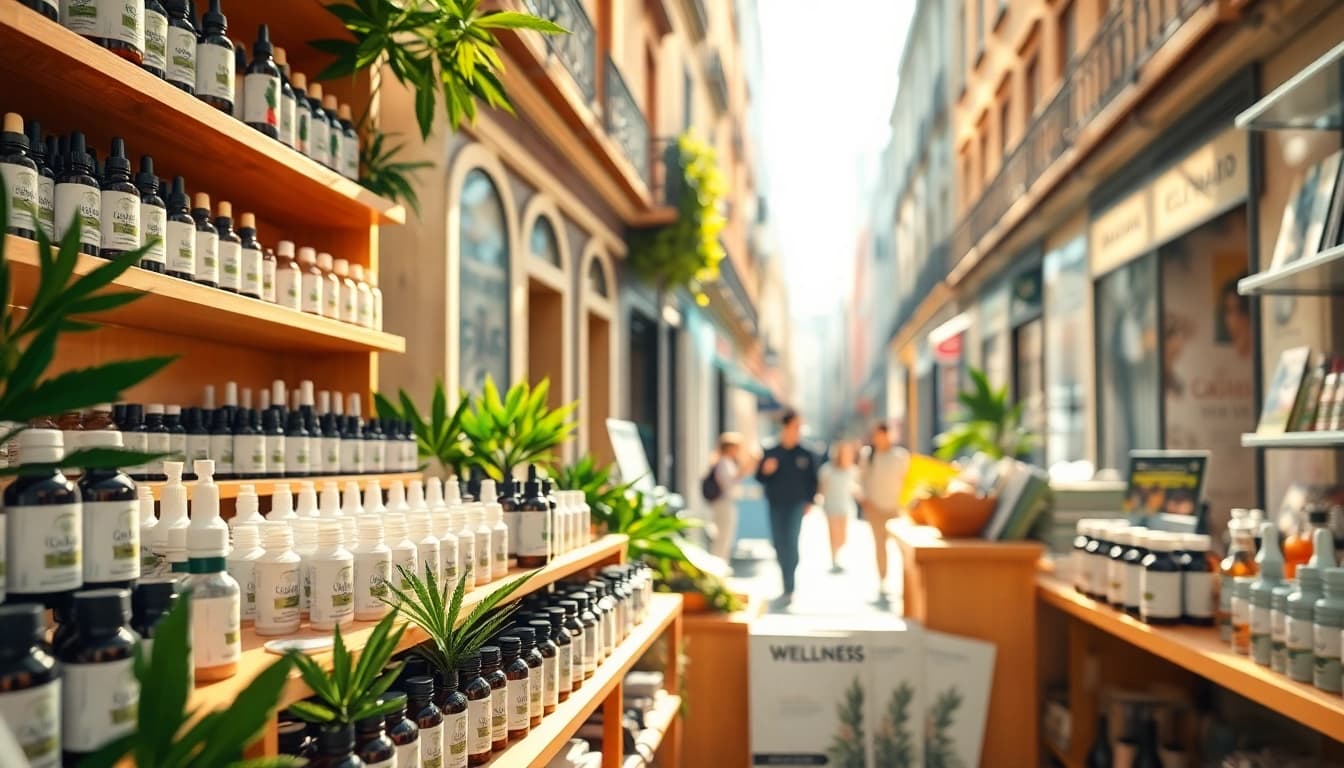 Shop displaying CBD Madrid products, highlighting vibrant displays and inviting atmosphere.
