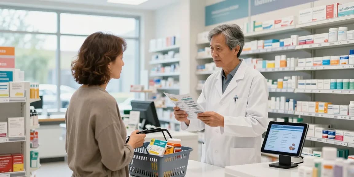 Canada medical shop with pharmacist assisting a customer, showcasing health products and a welcoming atmosphere.