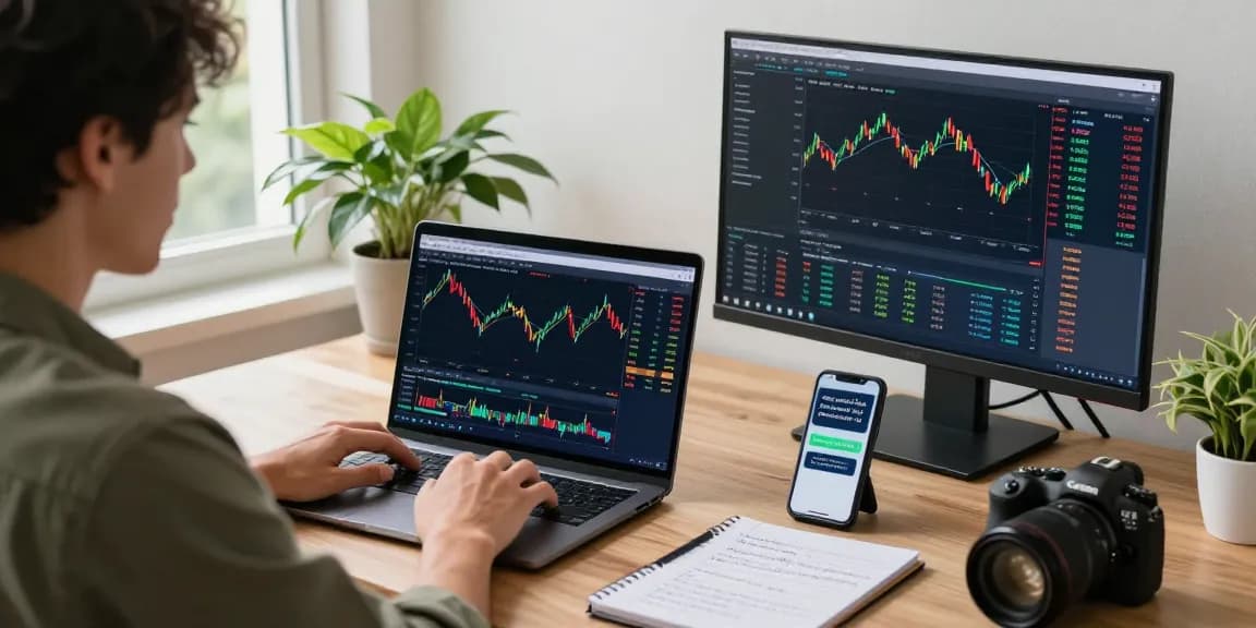 Engaged trader using MetaTrader 4 on laptop and smartphone, showcasing a modern trading workspace.