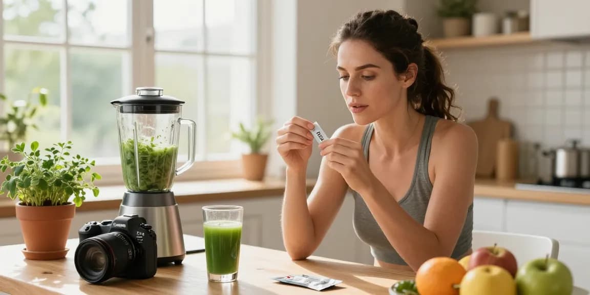 BPC 157 benefits showcased through a woman taking a buccal strip in a sunlit kitchen, emphasizing health and wellness.