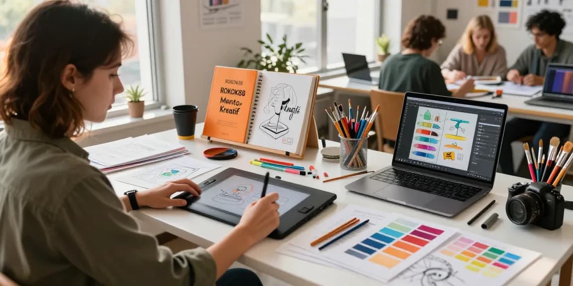 Designer using rokok88 creative mentor guide in an inspiring studio.