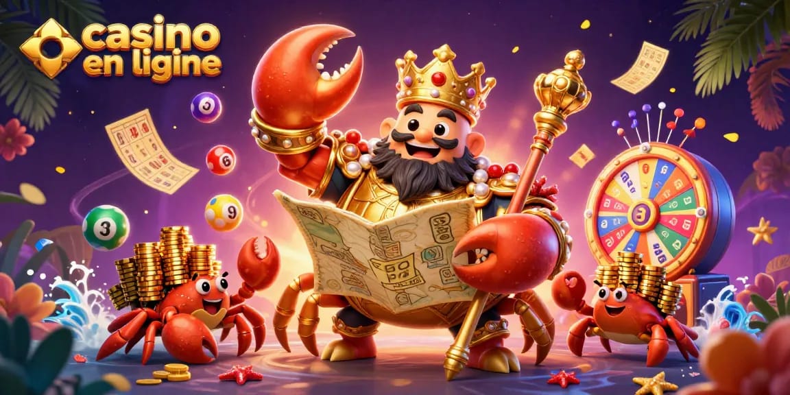 Casino en ligne : une scène virtuelle dynamique avec un crabe empereur doré et des éléments de loterie.