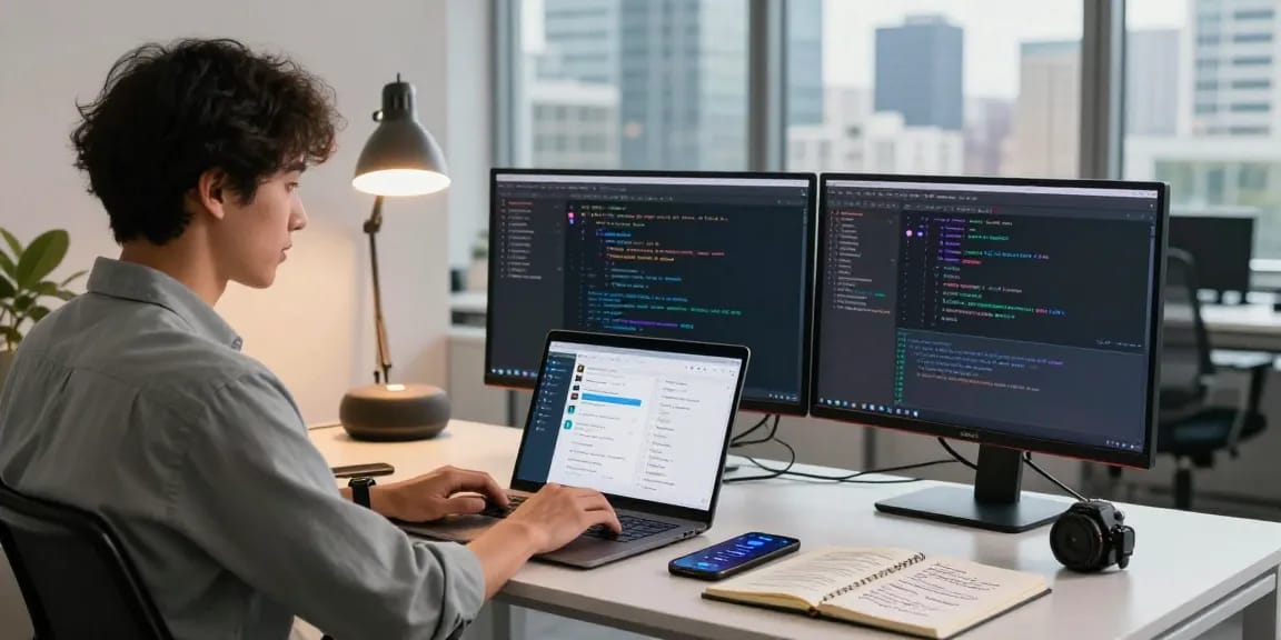 Accessing Telegram Web Version on a modern office setup with multi-screen display.