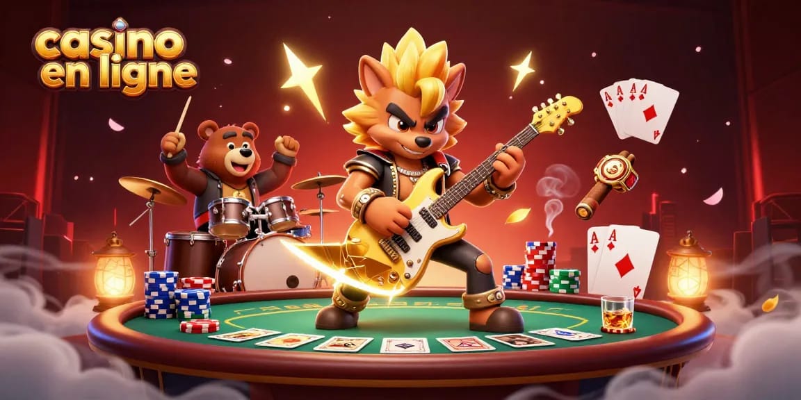 Vivez l'animation d'un casino en ligne avec un loup rock star et un ours batteur sur scène, jouant ensemble.