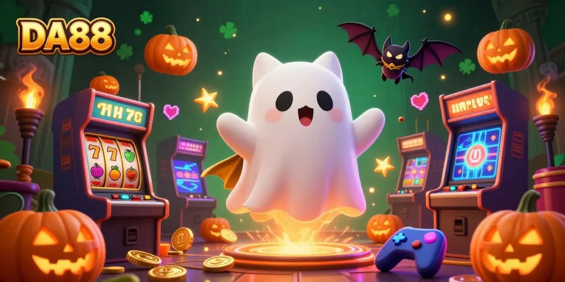 Play and win with DA88 in a haunted casino scene featuring a ghost cat and vibrant gaming elements.