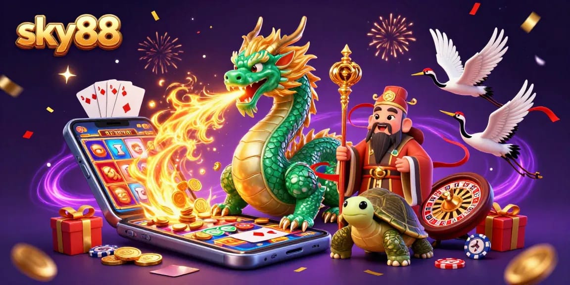 Win big with sky88 in a vibrant casino world featuring a jade dragon, turtle sage, and lucky cranes.