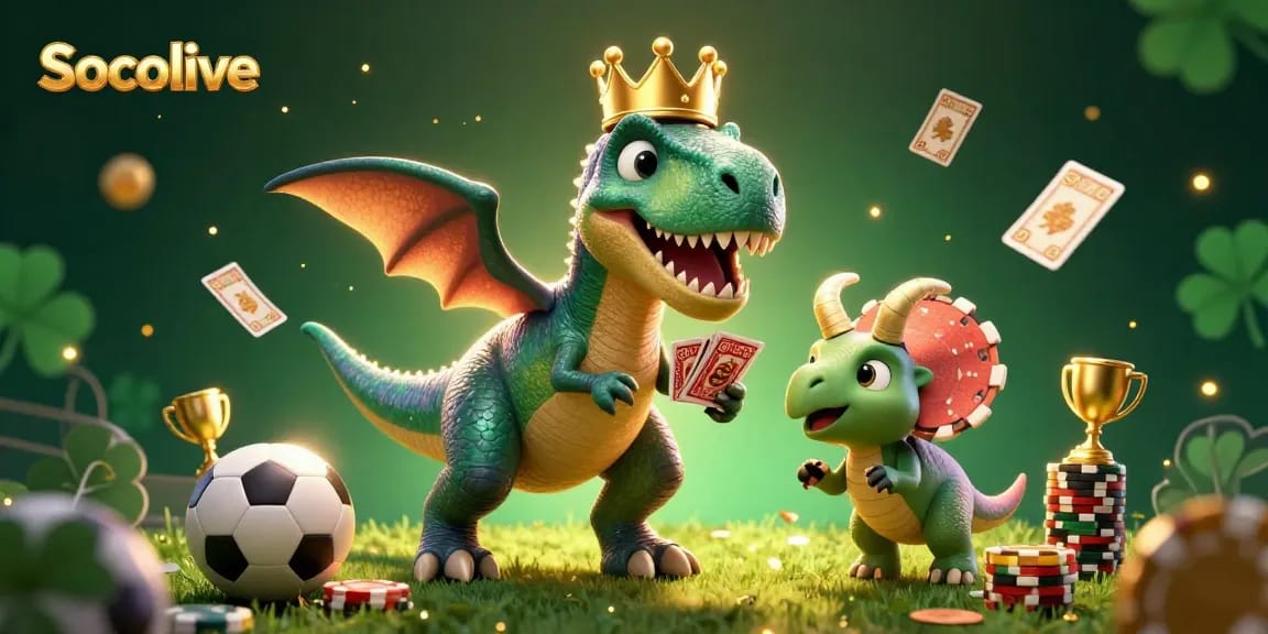 Socolive offers an engaging sports betting scene with cartoon dinosaurs and vibrant elements.