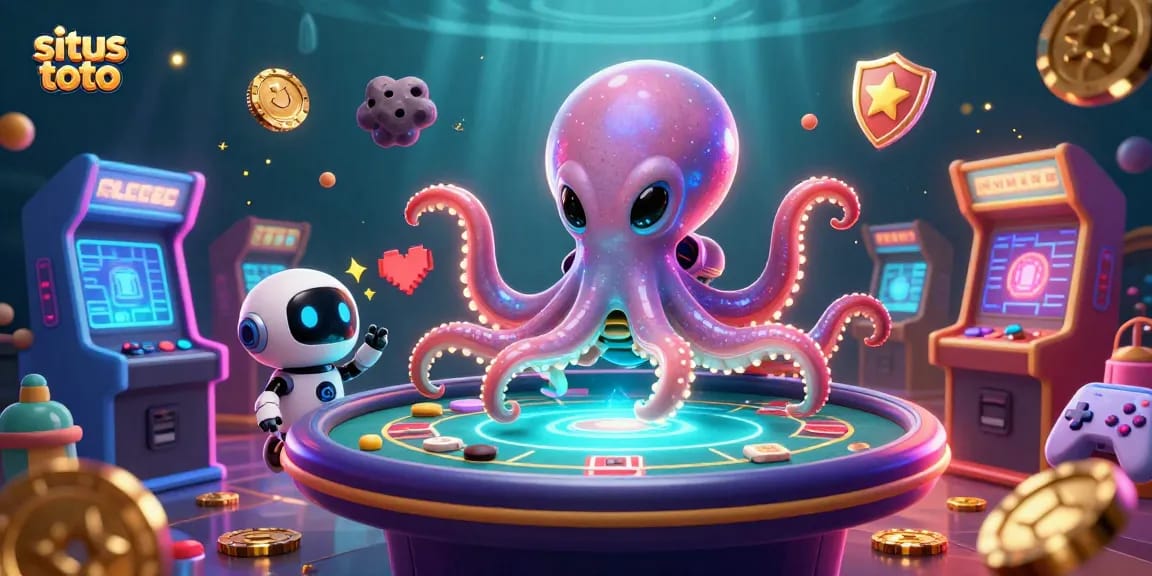Engage with situs toto on an exciting galactic poker adventure featuring a vibrant octopus and robot.