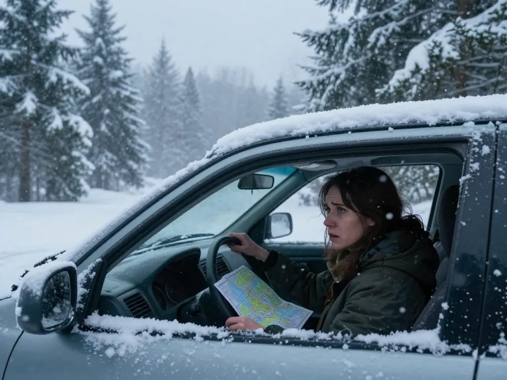 Woman driving through a blizzard in Dead of Winter, revealing her anxious expression amidst snowy landscapes.