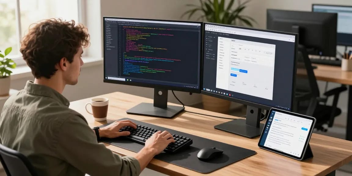 Developer coding with openclawd on dual monitors in a bright office space with modern tech.