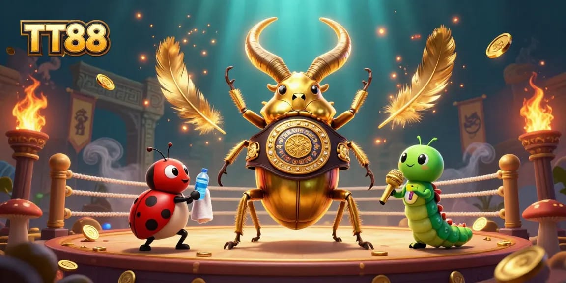 Bet on TT88's giant beetle champion facing off with a tiny ladybug corner-man in a vibrant casino-themed arena.
