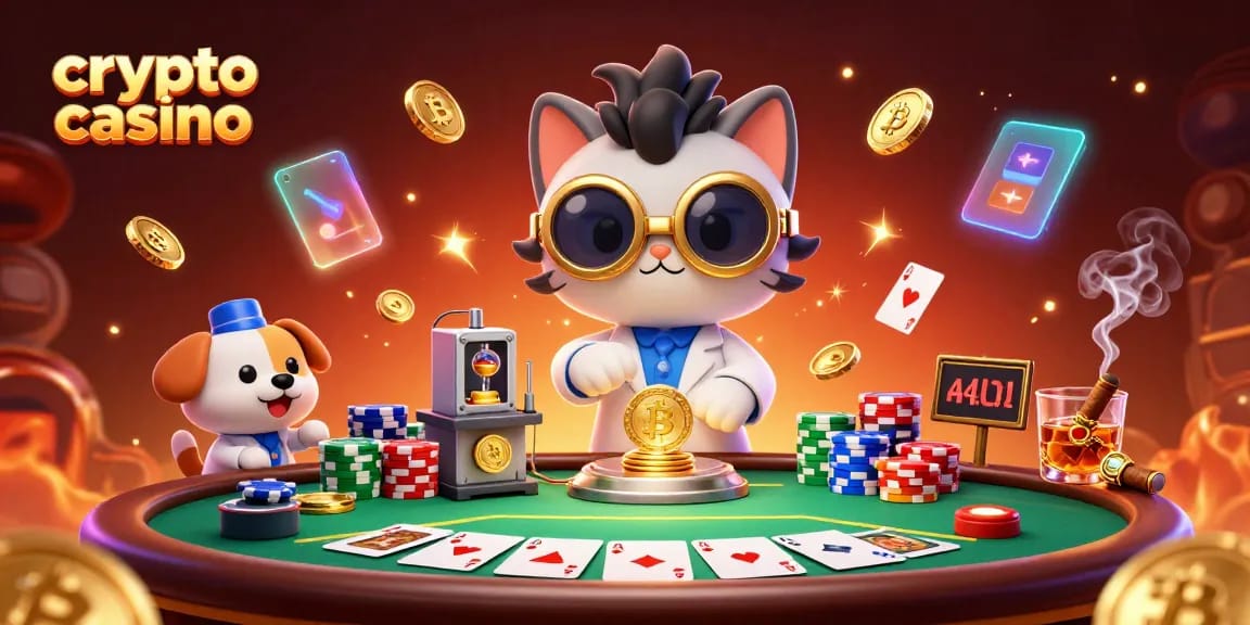 Jeux de casino crypto captivants avec un chat scientifique fou et son chien assistant, entourés de jetons et de cartes.