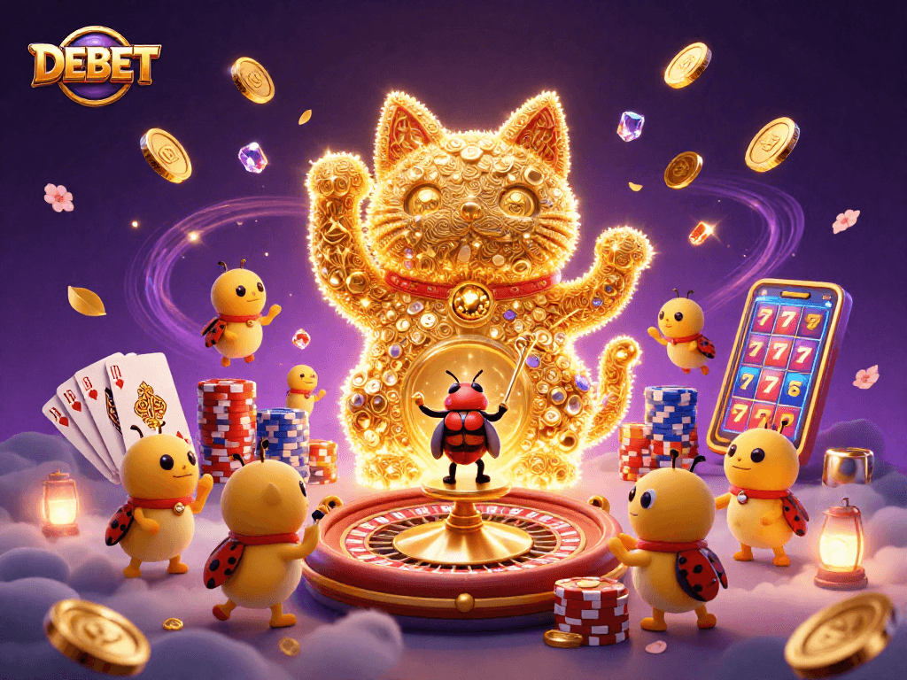 Experience DEBET in a vibrant 3D scene with a lucky cat, coins, and casino elements.