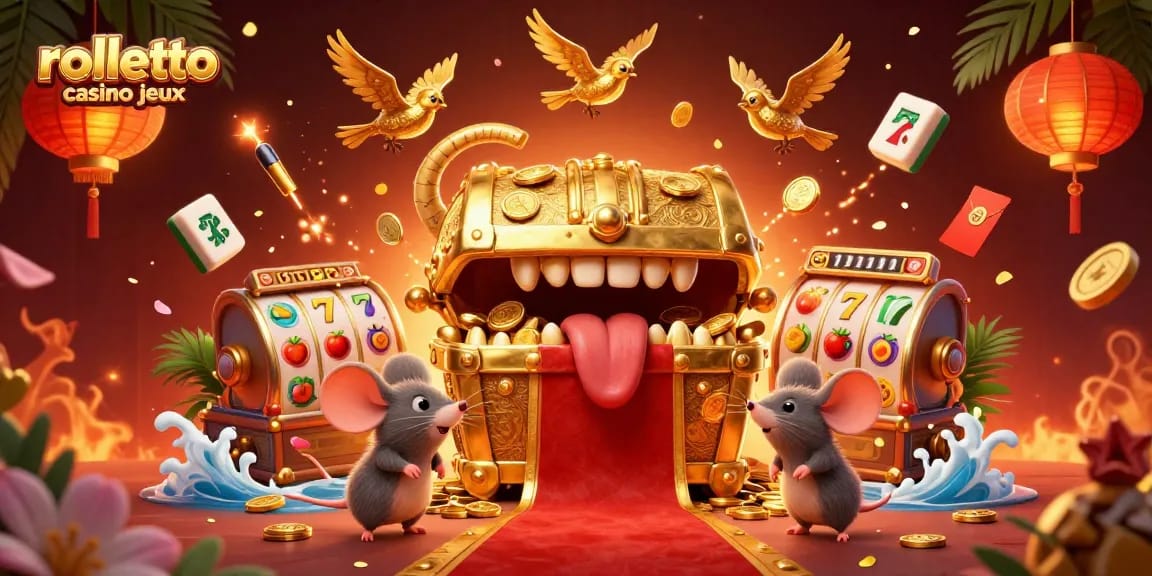 Découvrez les jeux du Rolletto Casino avec une illustration séduisante de machines à sous et d'éléments de casino captivants.