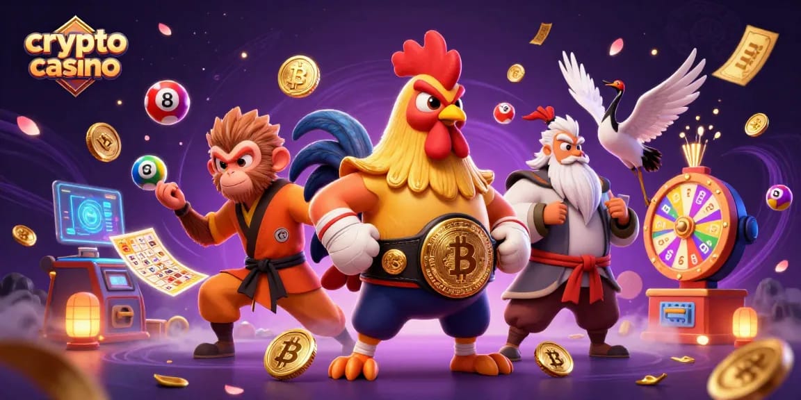 Visitez un crypto casino captivant avec des personnages dynamiques et des éléments de jeu colorés.