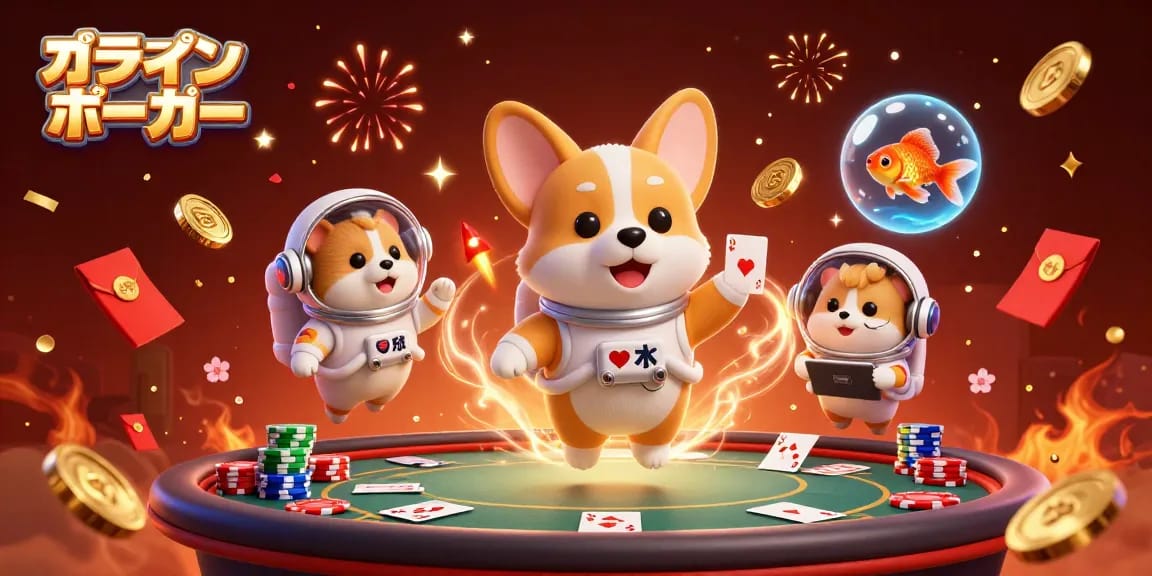 オンラインポーカーで楽しい経験をしている浮遊するポーカーキャラクターたちの可愛らしいシーン
