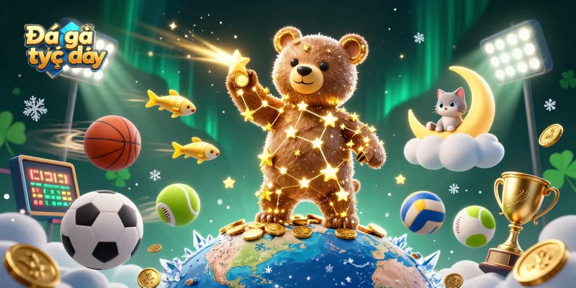 Engage with Đá gà trực tiếp through a vibrant 3D scene showcasing celestial elements and iconic betting features.