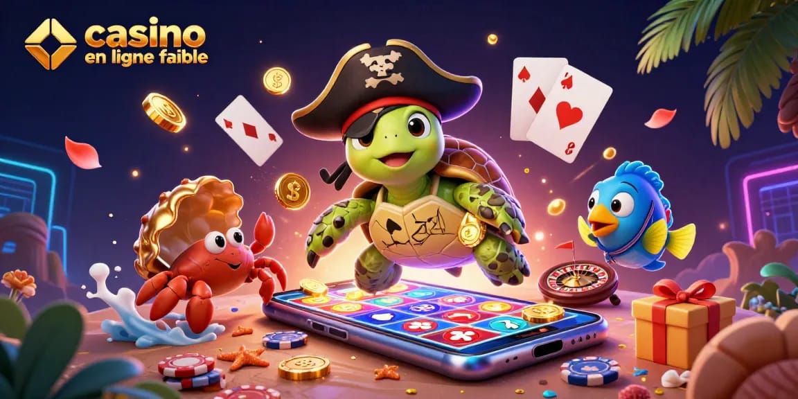 Jouez au casino en ligne fiable avec une illustration dynamique d'une tortue pirate et des jeux de casino.