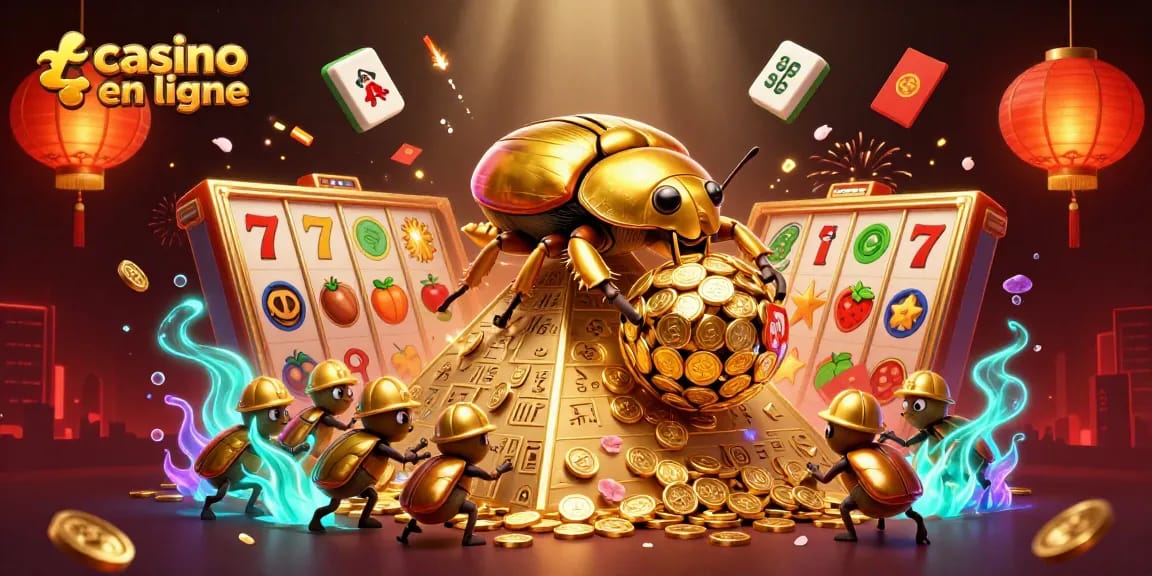 Cette illustration dynamique montre le casino en ligne avec un scarabée doré géant et des rouleaux de machines à sous entourés de symboles.