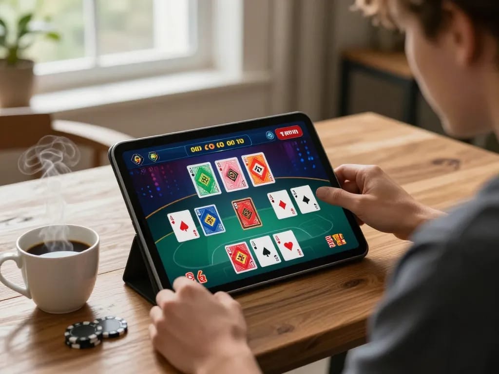 Engaging gameplay on the win678 casino app, showcasing vibrant poker cards in a cozy home setting.