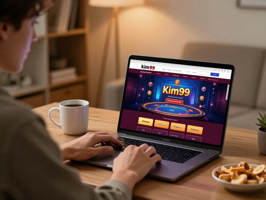 Play at kim99 online casino on a cozy home desk, featuring engaging gameplay.