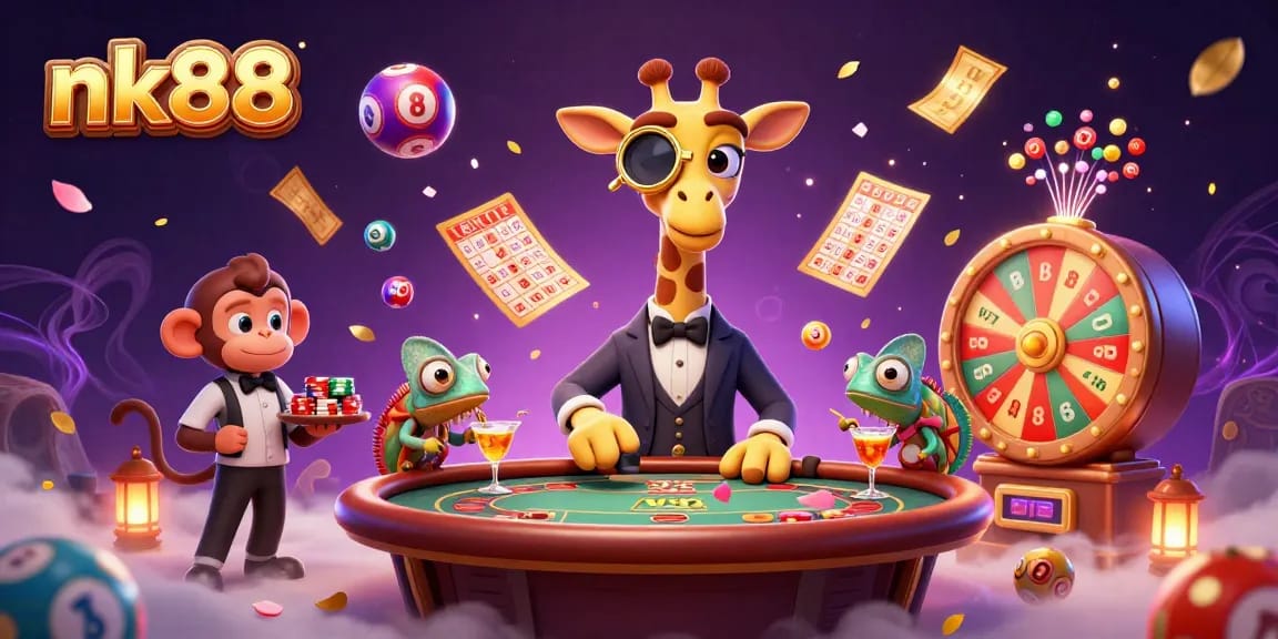 Experience the excitement at nk88 as the high-roller giraffe leans over a poker table, surrounded by vibrant games.