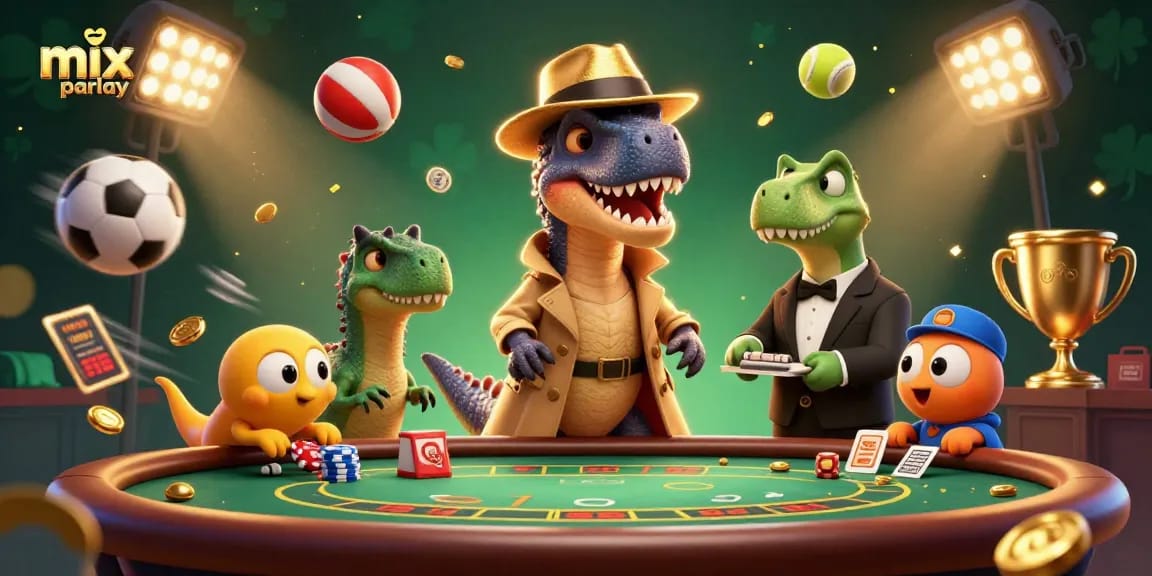 Engaging mix parlay betting scene with a velociraptor at the blackjack table and sports balls flying around.
