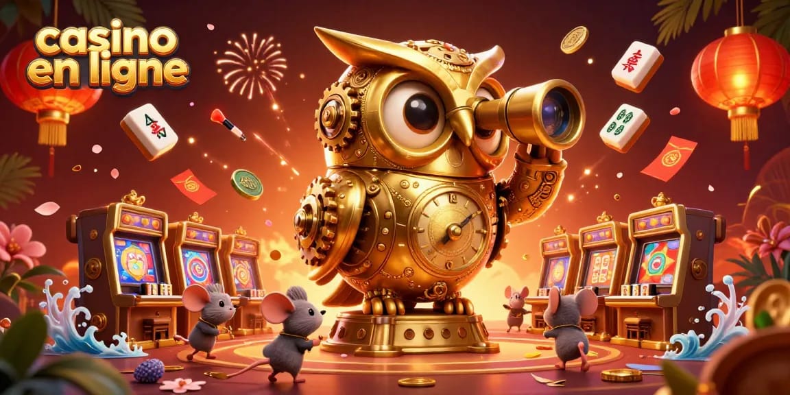 Plonger dans l'univers de casino en ligne avec une illustration 3D captivante d'un hibou doré et des éléments de jeu