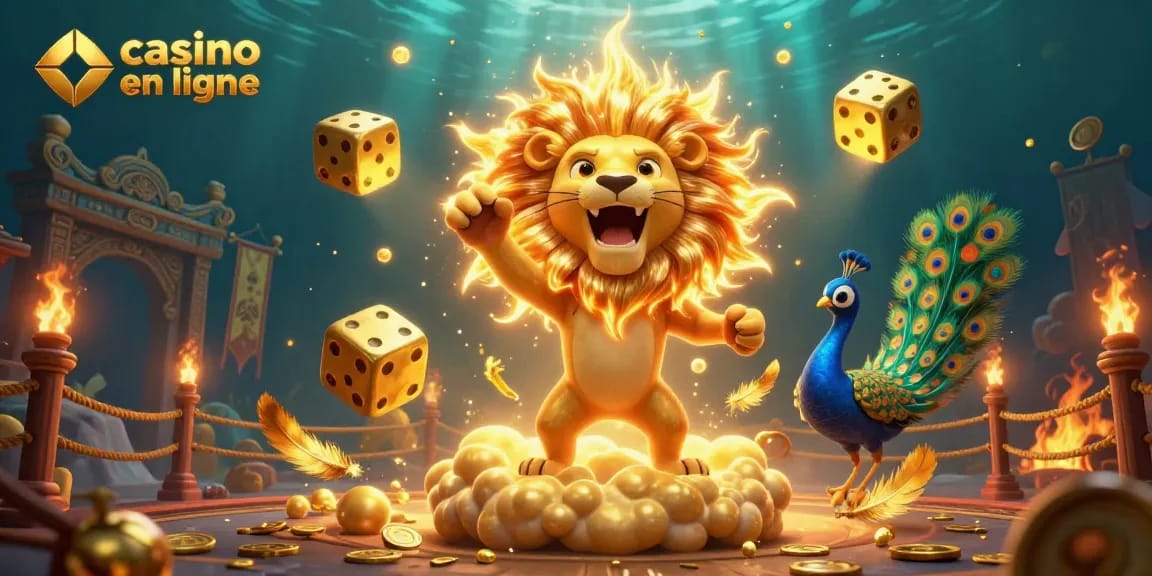 Obtenez des gains au casino en ligne avec ce lion scintillant et des dés dorés.