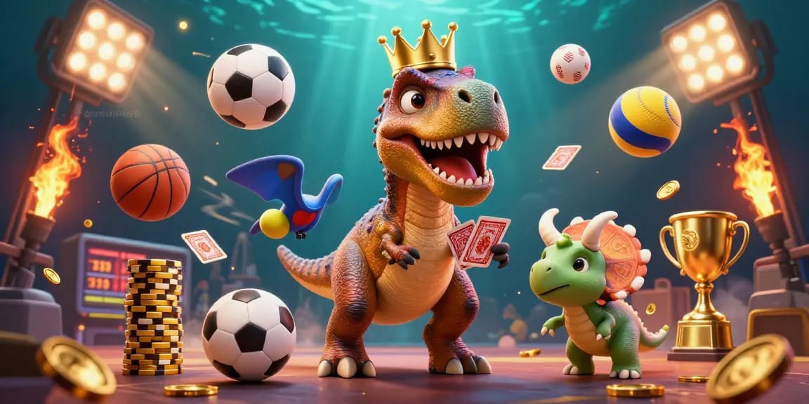 dacsandatphanrang showcases a lively 3D illustration of a T-Rex playing cards and friends stacked chips in an exciting casino scene.