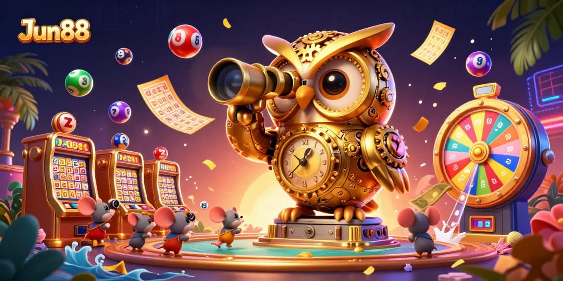 Engage with Jun88's captivating 3D casino scene showcasing dynamic lottery and gaming elements.