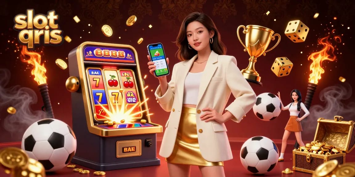 Engaging slot qris scene with characters showcasing mobile gaming excitement and vibrant casino elements.