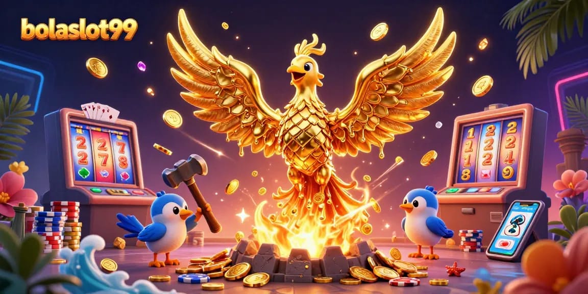 Bolaslot99 showcases a golden phoenix amidst wings of gold and cascading coins, illustrating a vibrant casino scene.