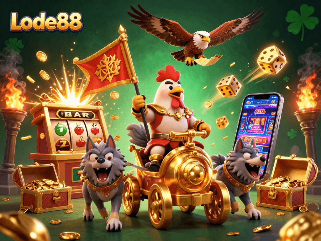 Experience Lode88's thrilling jackpot with a rooster warlord and gold-rich casino elements