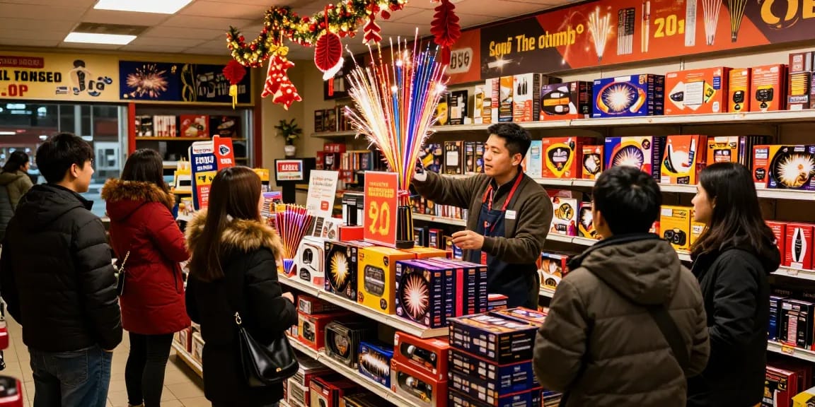 Wholesale fireworks display inside a bustling shop, showcasing vibrant products and enthusiastic staff assisting customers.