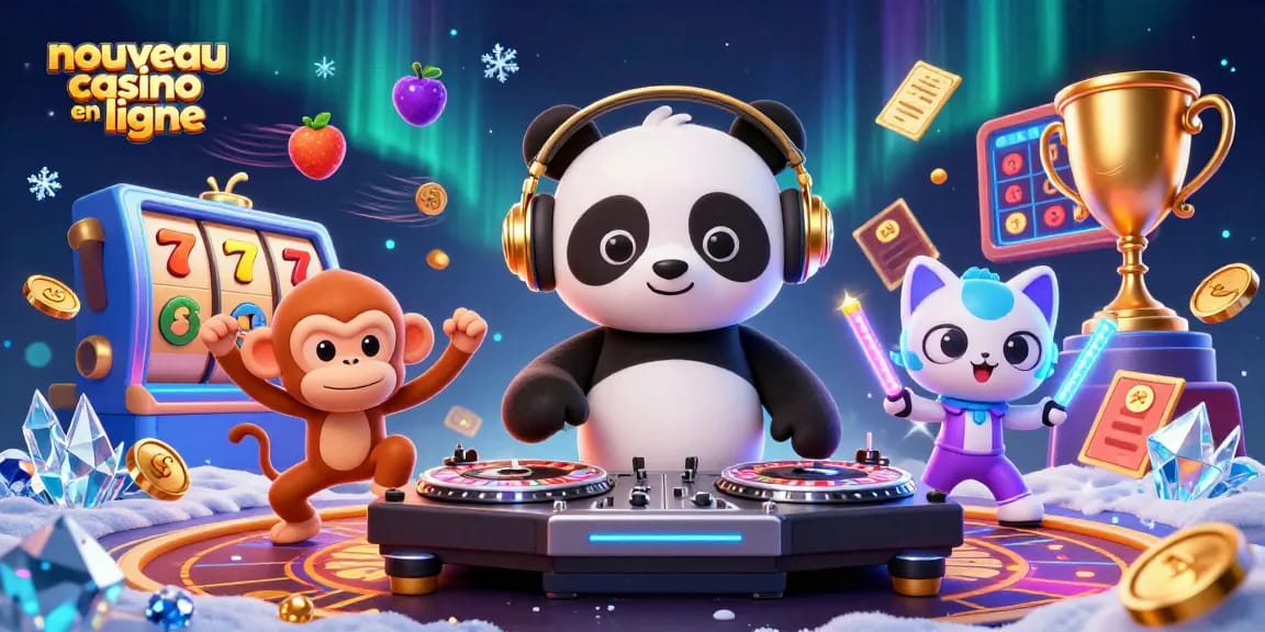 Animation captivante d'un nouveau casino en ligne avec un panda DJ et des éléments de machines à sous.