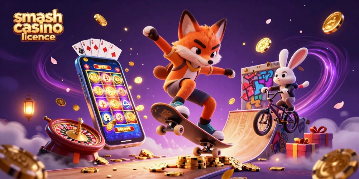 Plongez dans l'univers de smash casino licence avec un renard skateboarder et un lapin BMX.