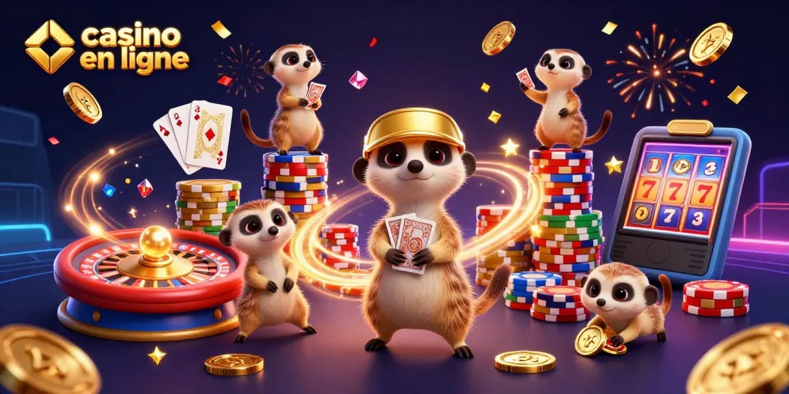 Jouer au casino en ligne avec des meerkats animés entourés de pièces et de jetons scintillants.