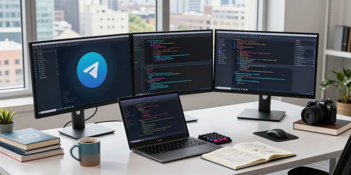 Developer using telegraimin.com on dual monitors in a modern workspace, highlighting tech innovation and creativity.