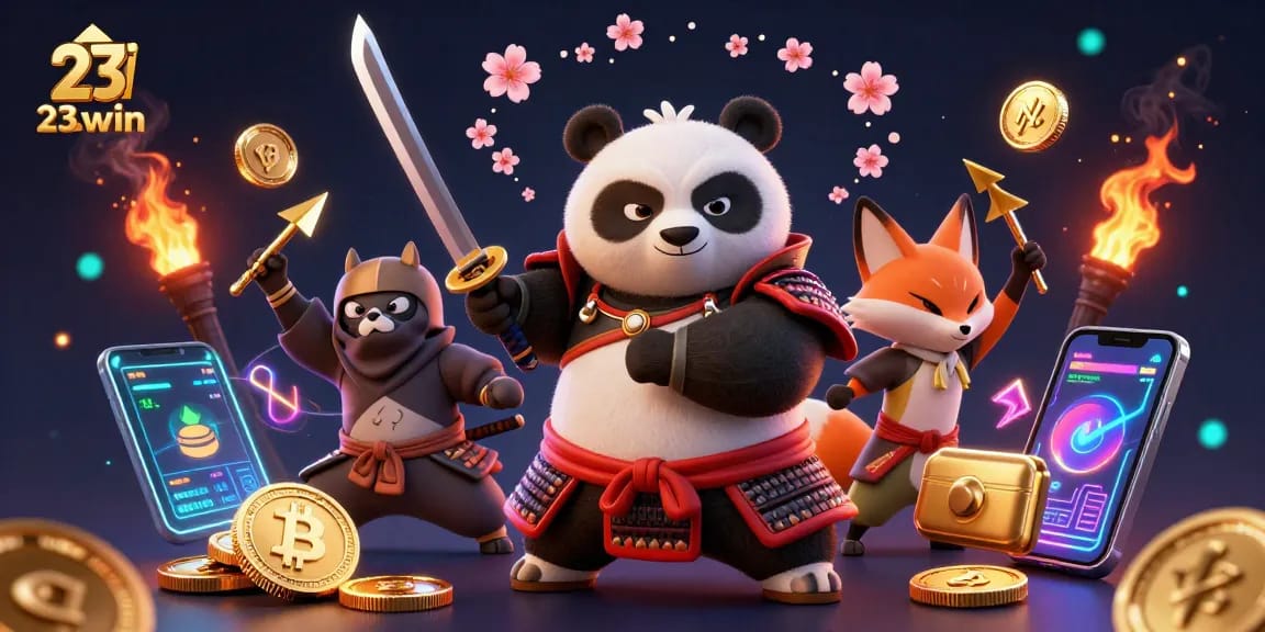Engage with 23win as a fierce panda knight battles with a fox companion, surrounded by glowing crypto elements.