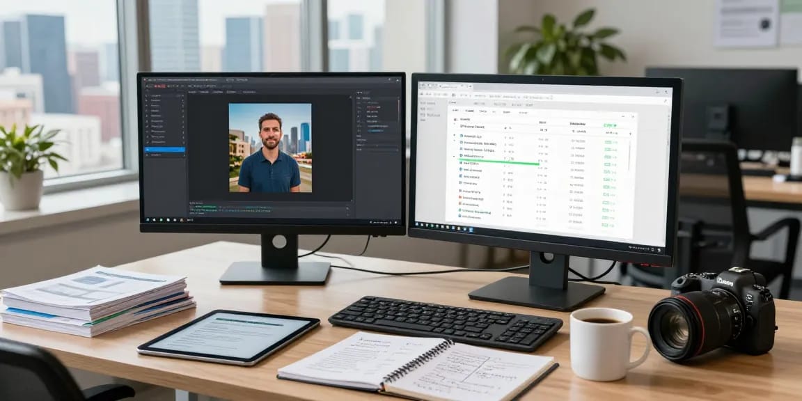 AI image detector tool in action, showcasing analysis of generated images in a modern office.