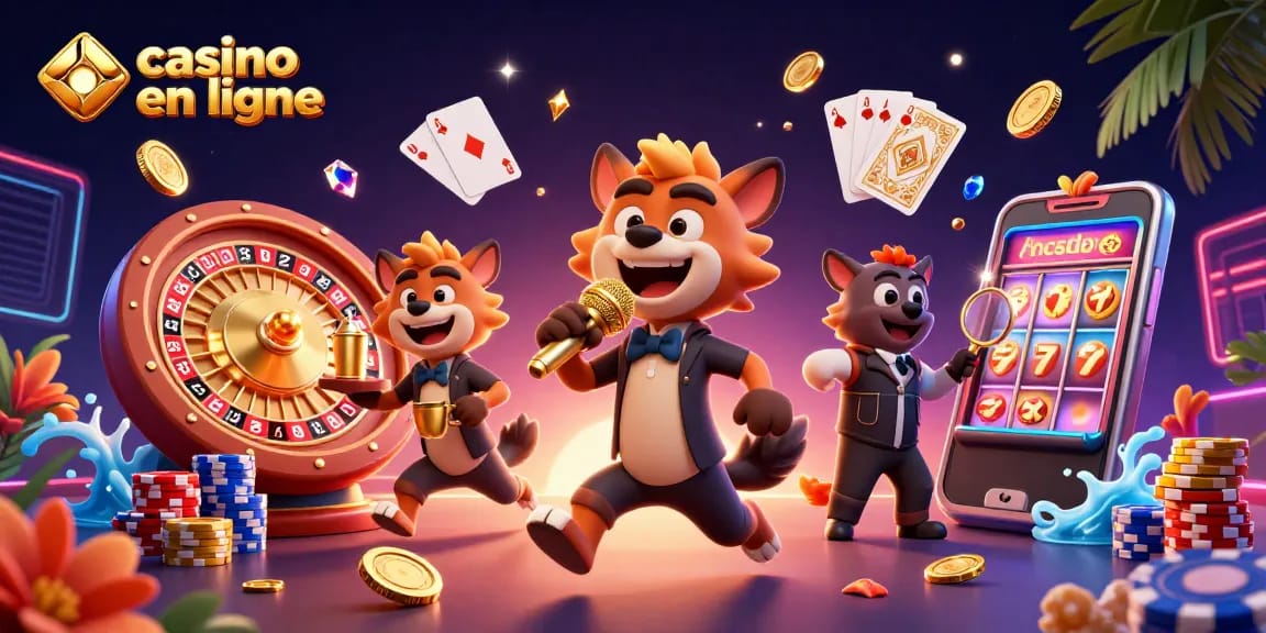 Animation de hyènes au casino en ligne avec des jetons et des pièces d'or flottants
