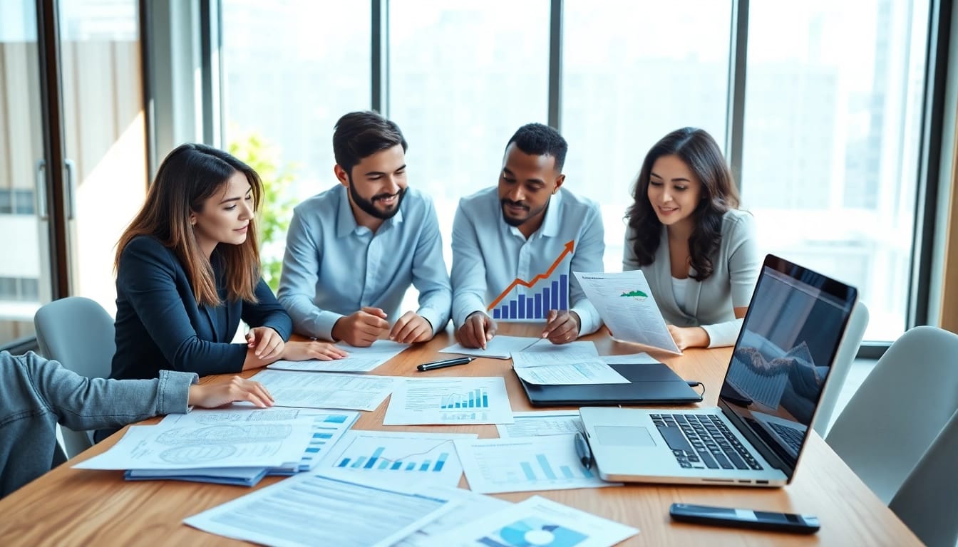 Professionals discussing contracts and grants in a modern office environment.