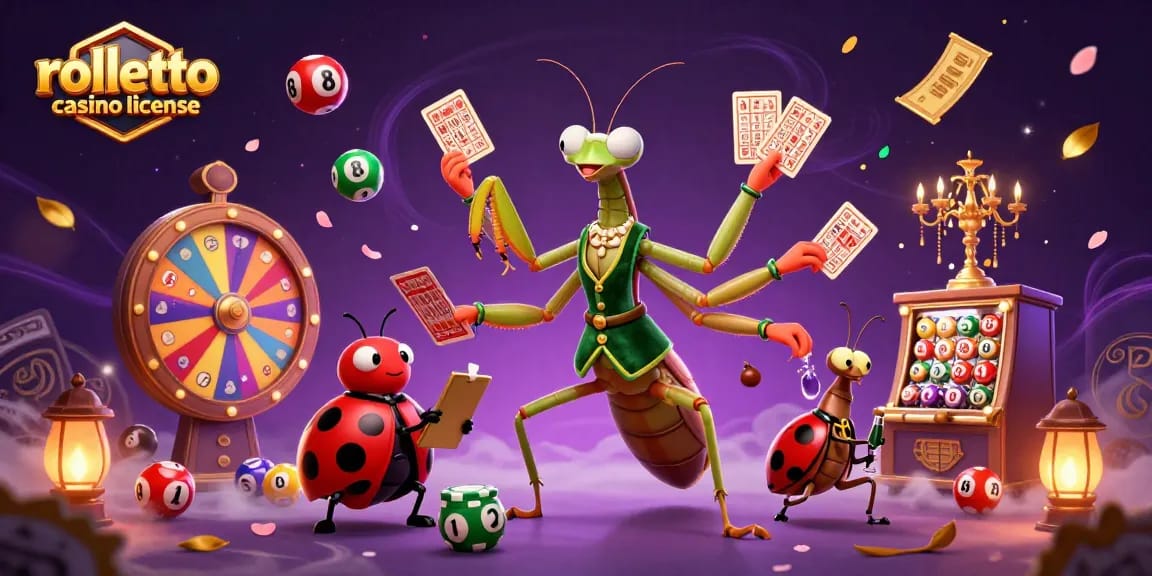 Illustration dynamique de la licence rolletto casino avec un caméléon de carte et une coccinelle sous un lustre.