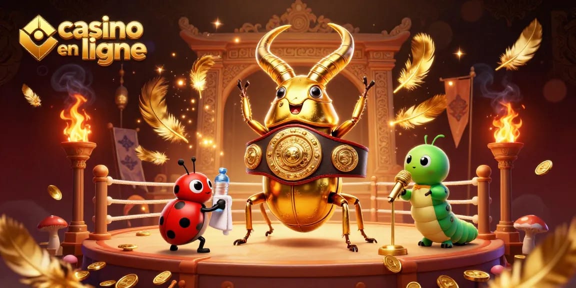Pour jouer au casino en ligne, un scarabée doré boxe sur un ring dynamique avec des éléments de jeux animés.