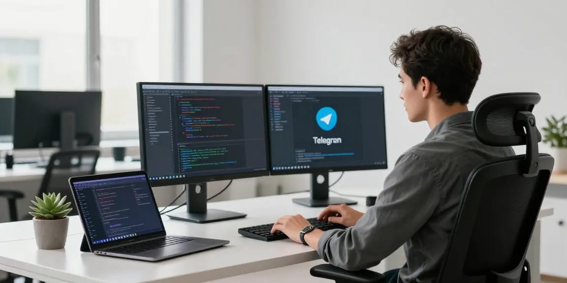 Developer coding the 纸飞机中文版 application in a sleek modern workspace with dual monitors and natural light.